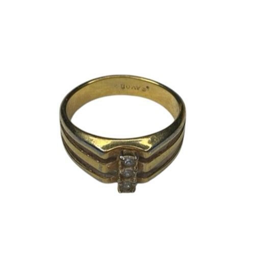 Vintage Avon Goldtone Chevron Ring Size 7 Triple Band Faux Diamond Accent